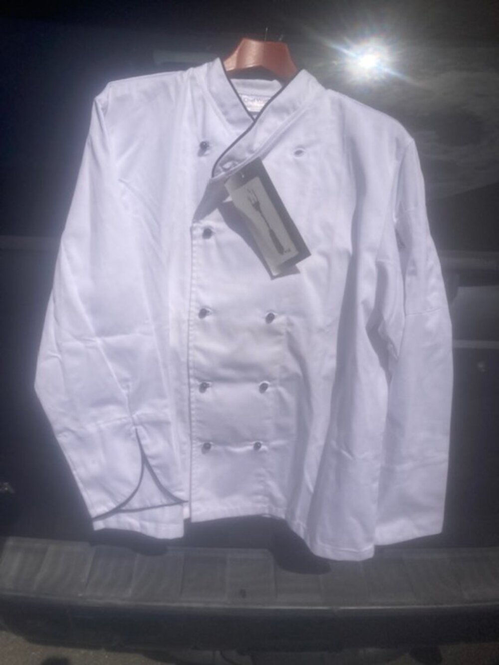 Executive White L/S Chef Coat with Black Pearl buttons and Black piping, Medium